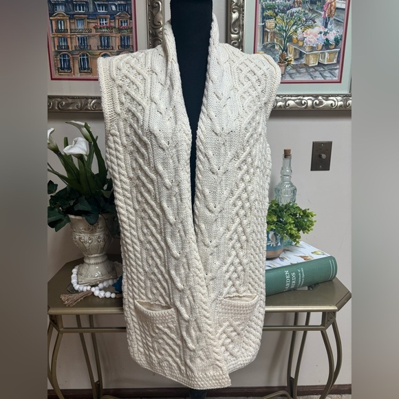 KILRONAN IRELAND KNITWEAR MERINO WOOL CREAM CABLE KNIT OPEN FRONT VEST SZ S-L - Picture 1 of 13